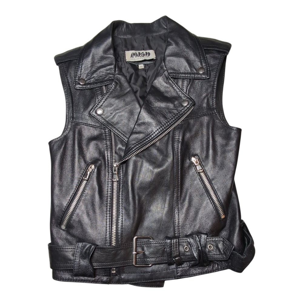 Leather Moto Vest Medium Made in Italy Biker Black Belted Asymmetrical Amarcord